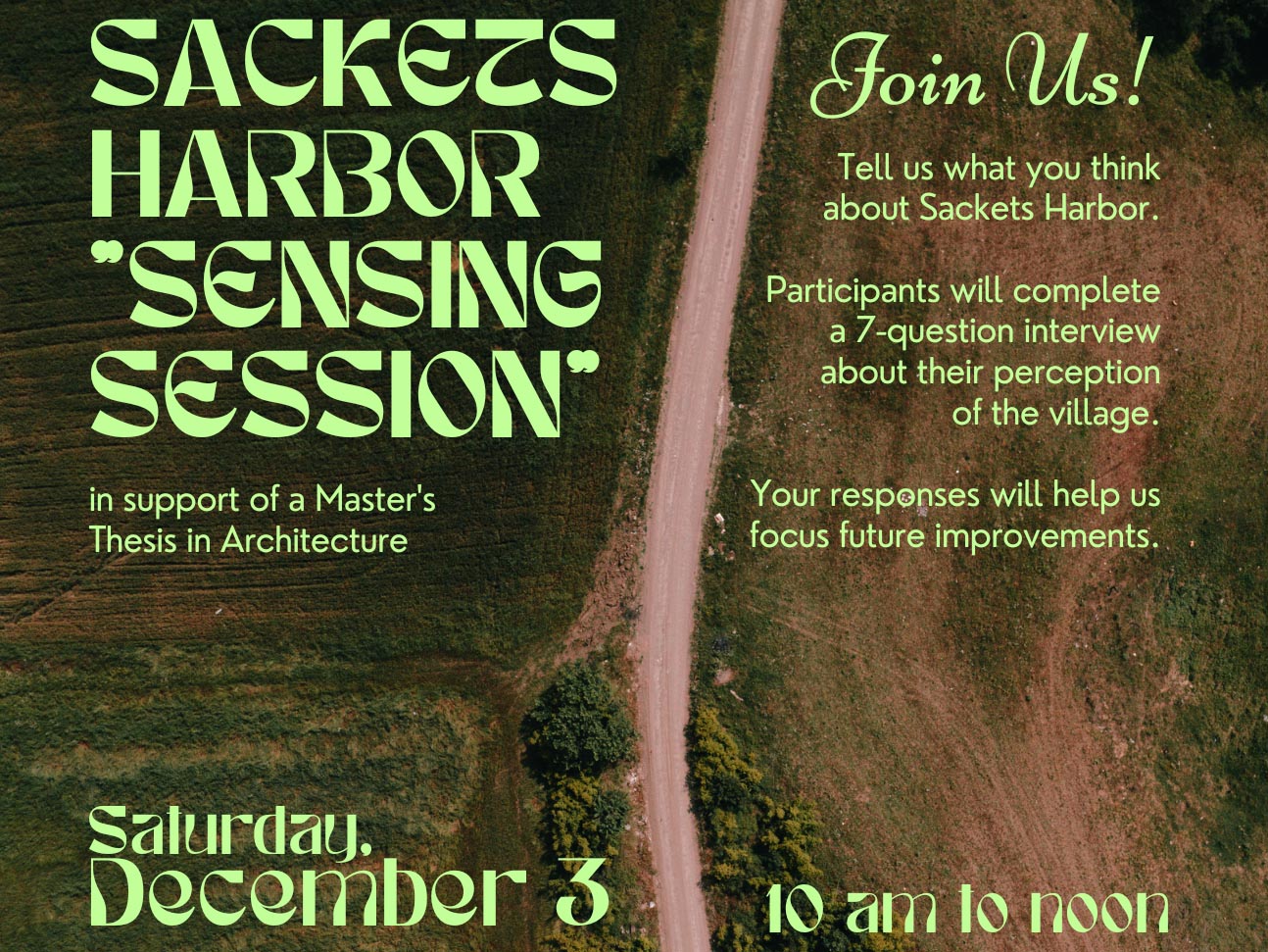 Cropped portion of the flyer for the Sackets Harbor Sensing Session