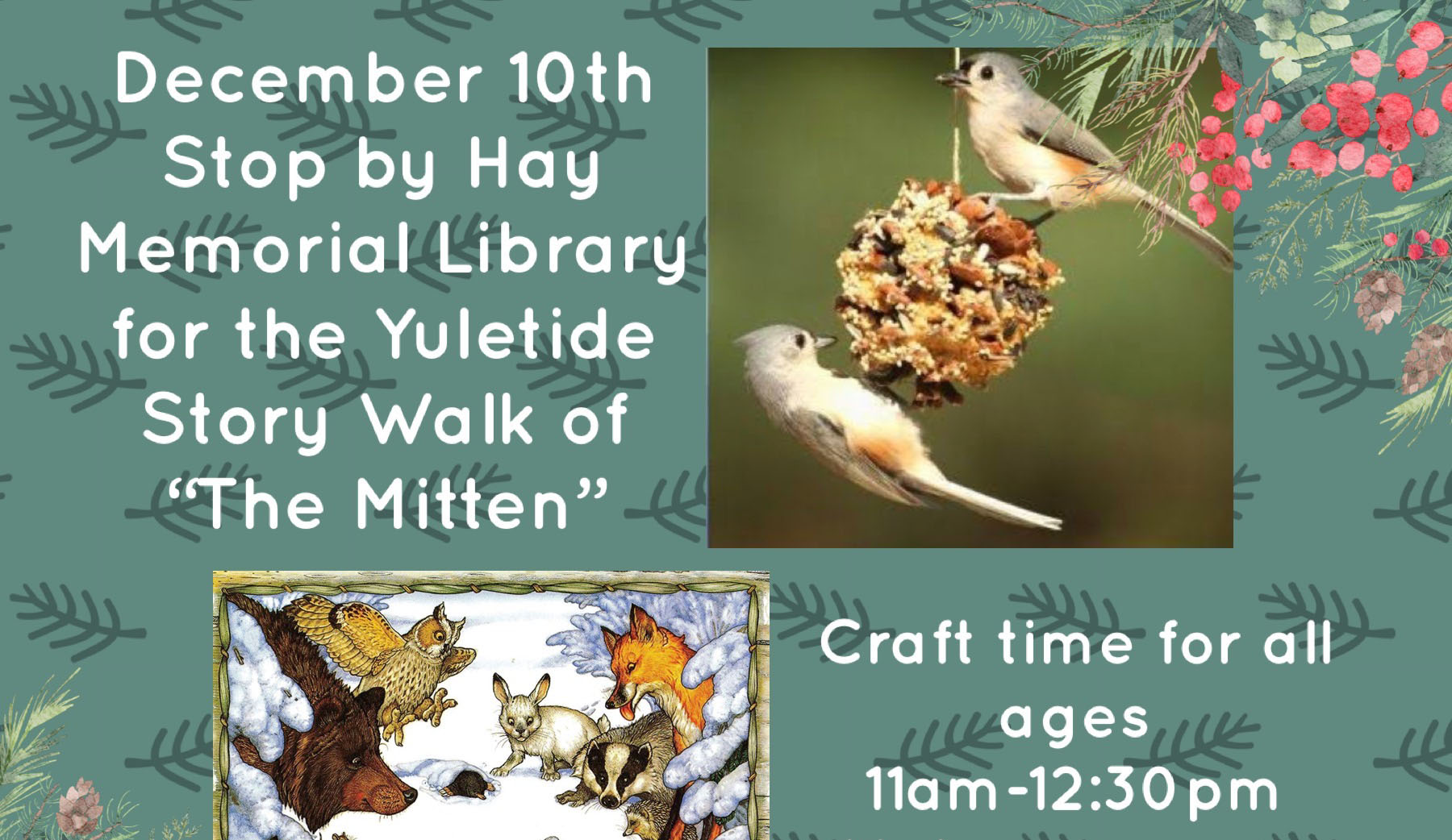 Cropped version of Hay Memorial Library's flyer for the Yuletide Story Walk