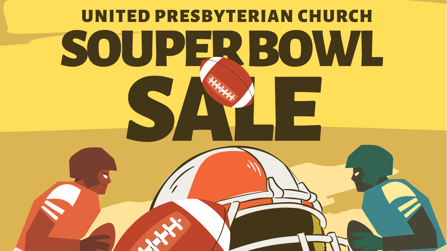 Top portion of the United Presbyterian Church's flyer for its Souper Bowl Soup Sale on Feb 9, 2025