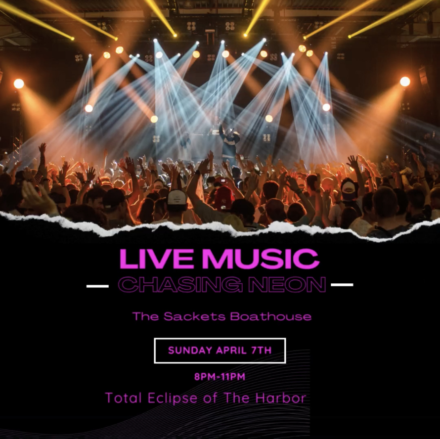 Full version of The Boathouse's flyer for its Eclipse Party on April 7th with live music by Chasing Neon