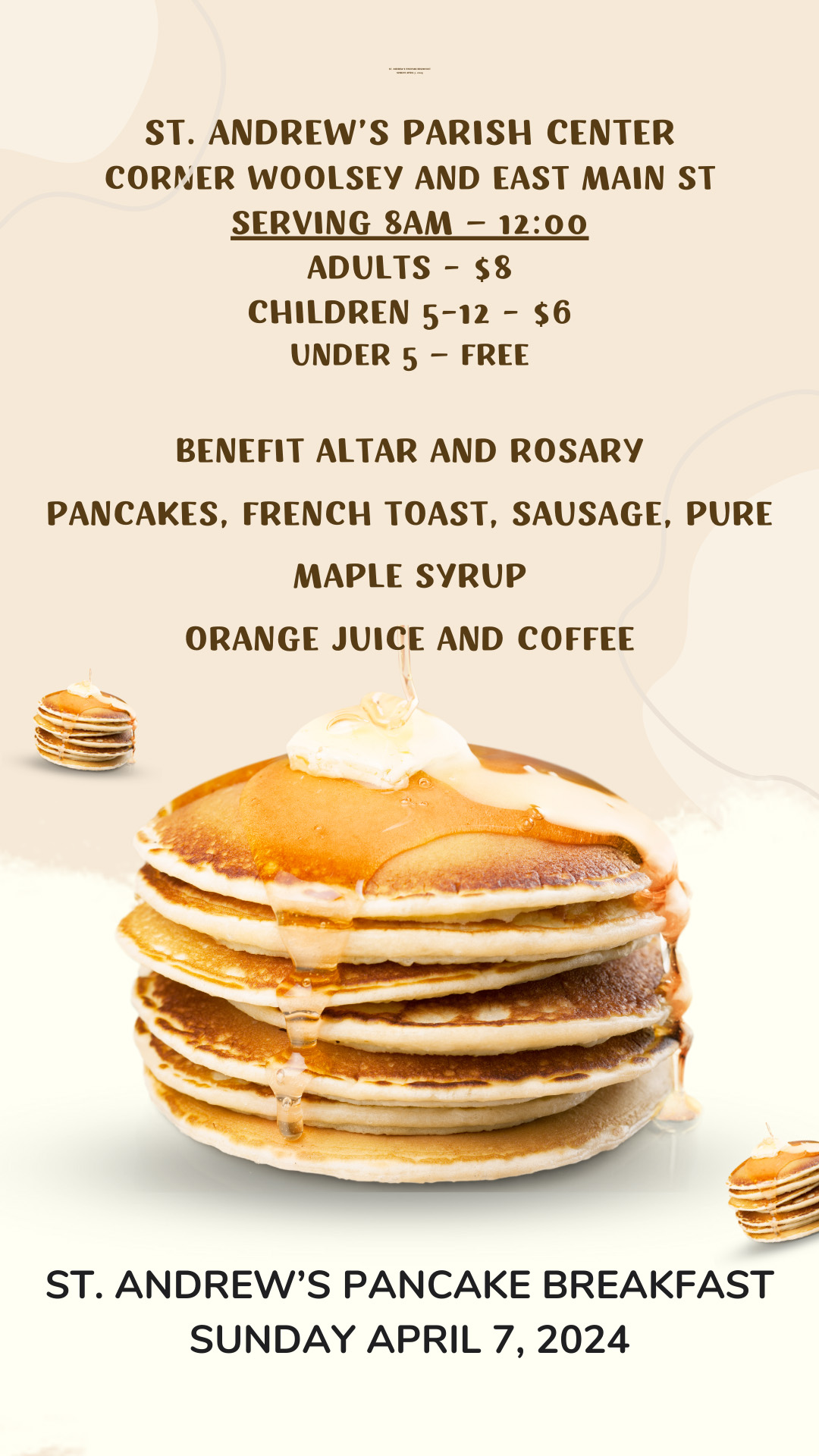 Instagram flyer for the St. Andrew's Pancake Breakfast on April 7, 2024