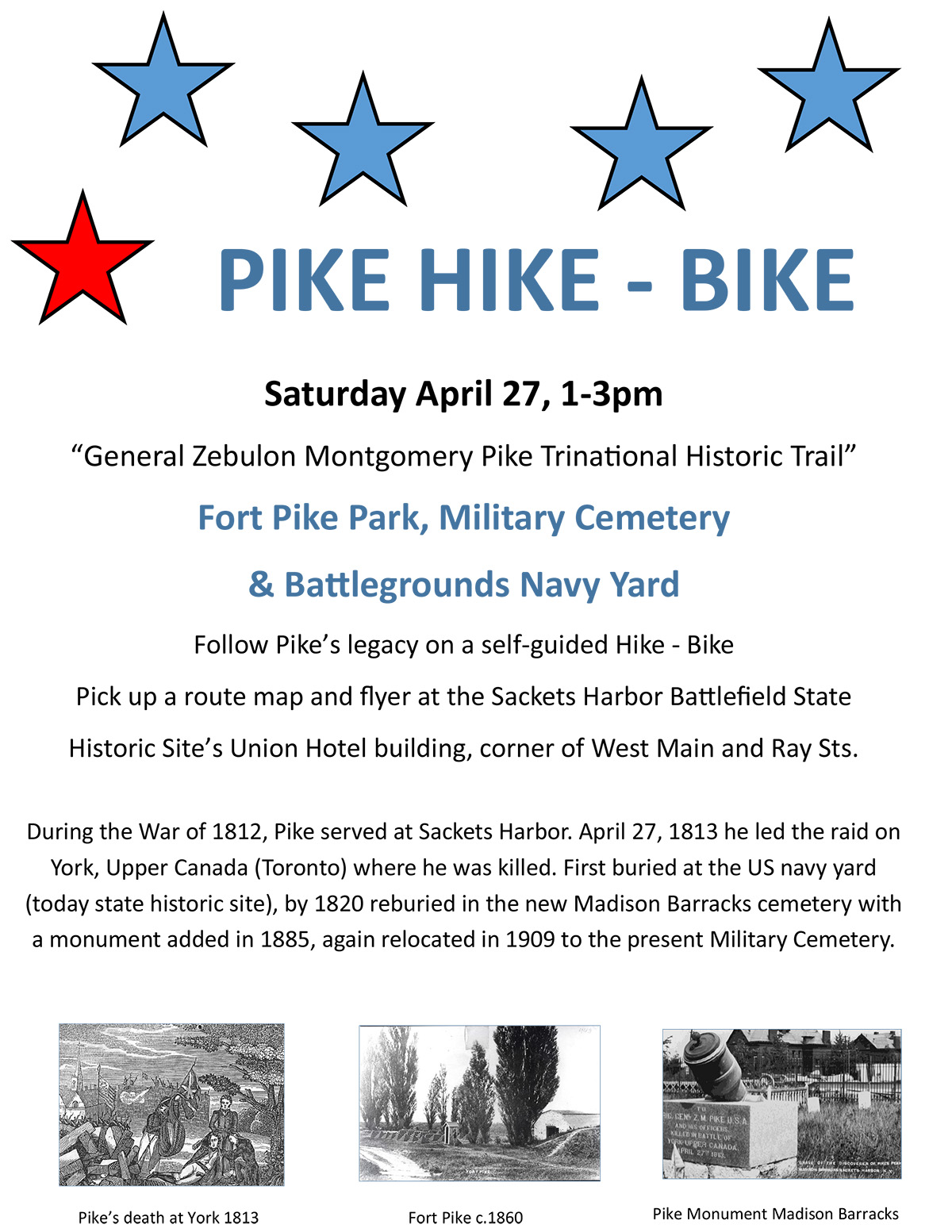 Flyer for the 2024 Pike Day Hike and Bike event in Sackets Harbor