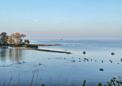Looking out over Lake Ontario in the fall with the moon above the horizon and a small island on the left, 2024 Photo Contest winner in the Four Seasons Category by Maura Smith