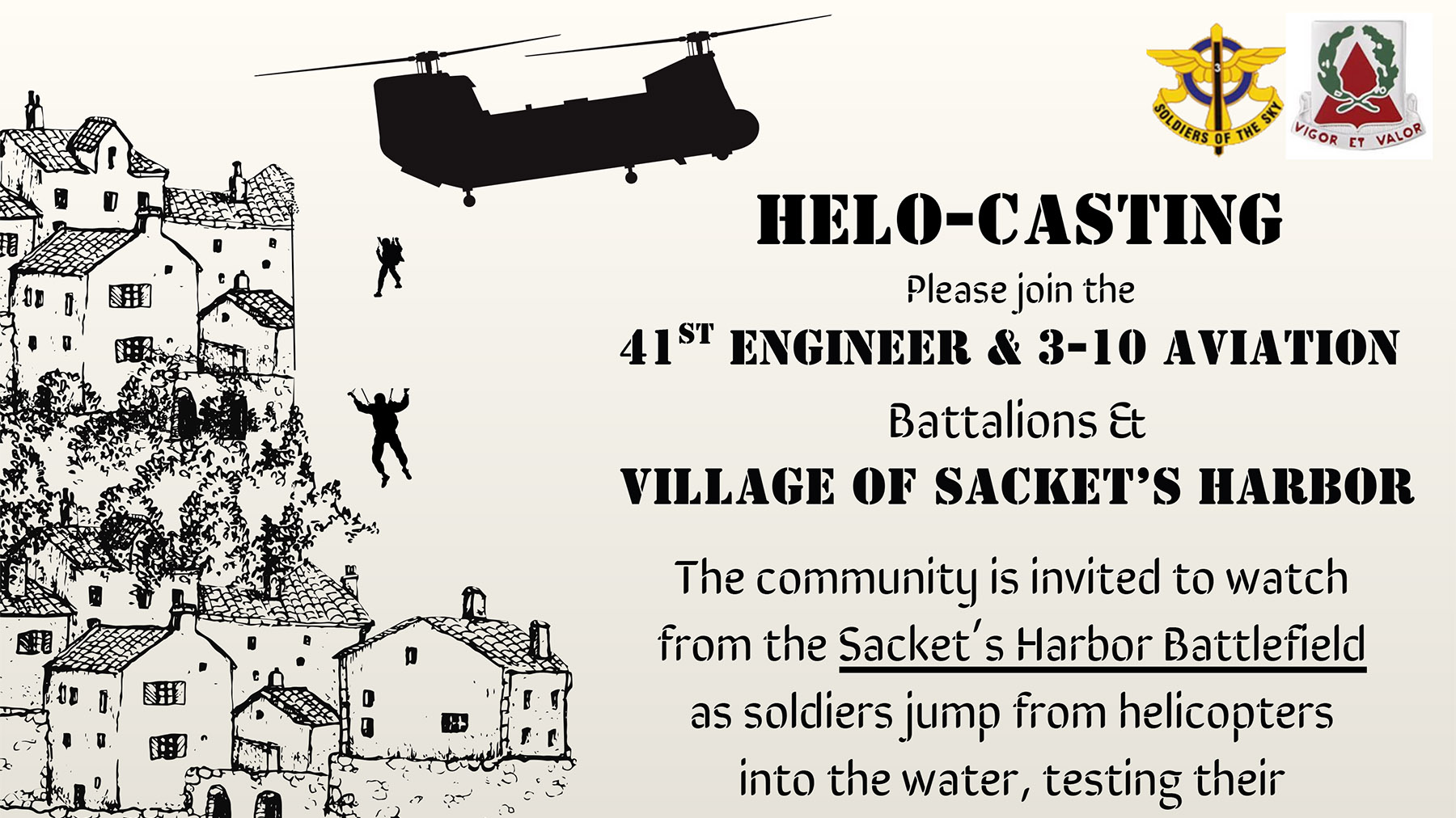 Cropped portion of Fort Drum's flyer announcing the Sept 19th Helocast in Sackets Harbor, NY