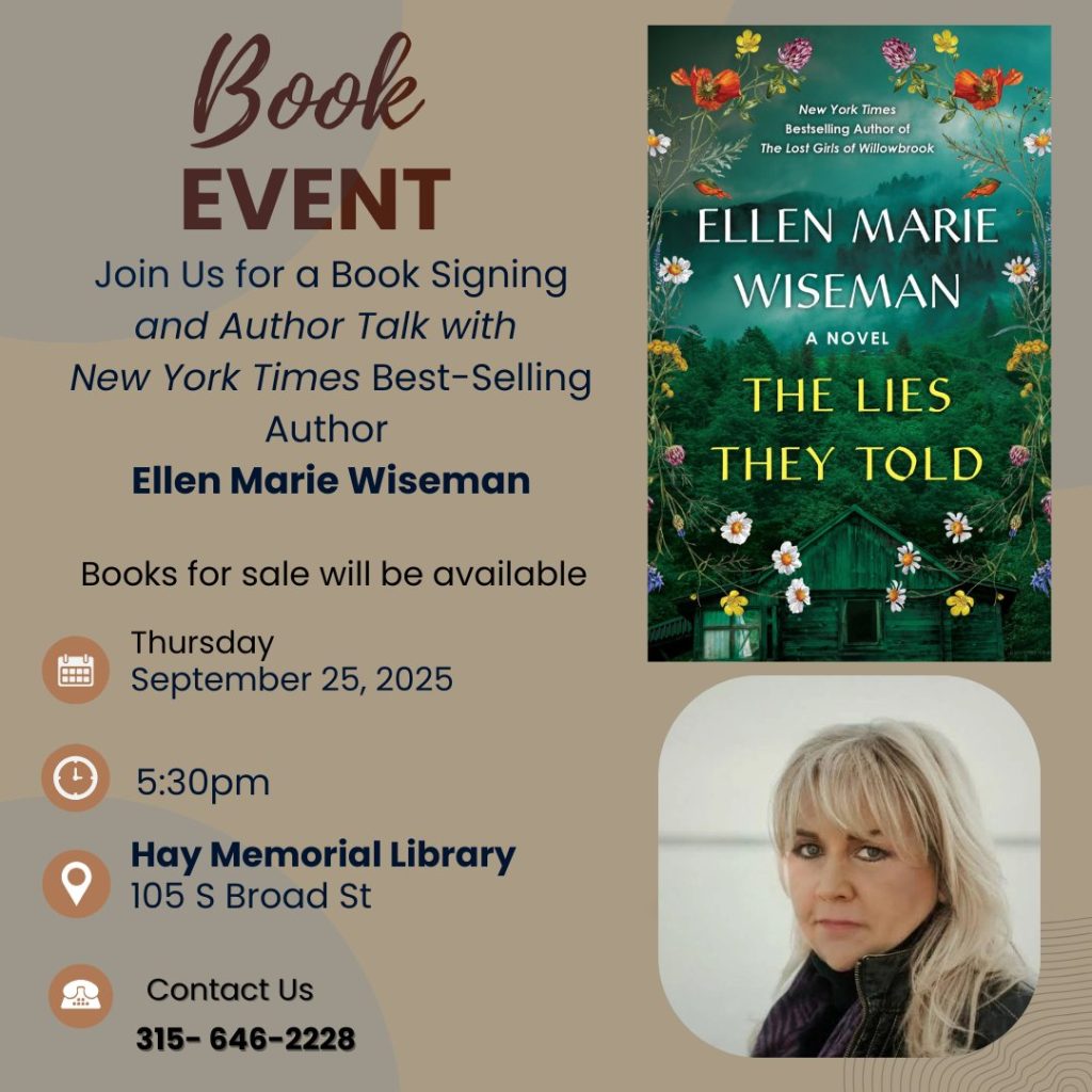 Full-color flyer for Hay Memorial Library's Book Signing and Author Talk with Ellen Marie Wiseman on Sept 25, 2025