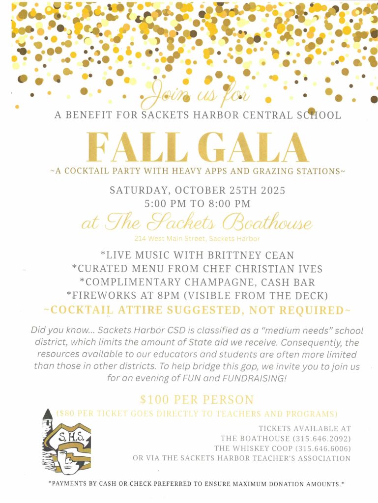 Color flyer for the Fall Gala benefit happening on Saturday, Oct 25, 2025, at The Boathouse Restaurant in Sackets Harbor