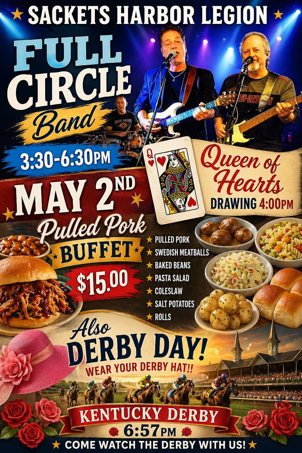Full-color flyer for the Sackets Harbor American Legion's Derby Day event on Saturday, May 2, 2026