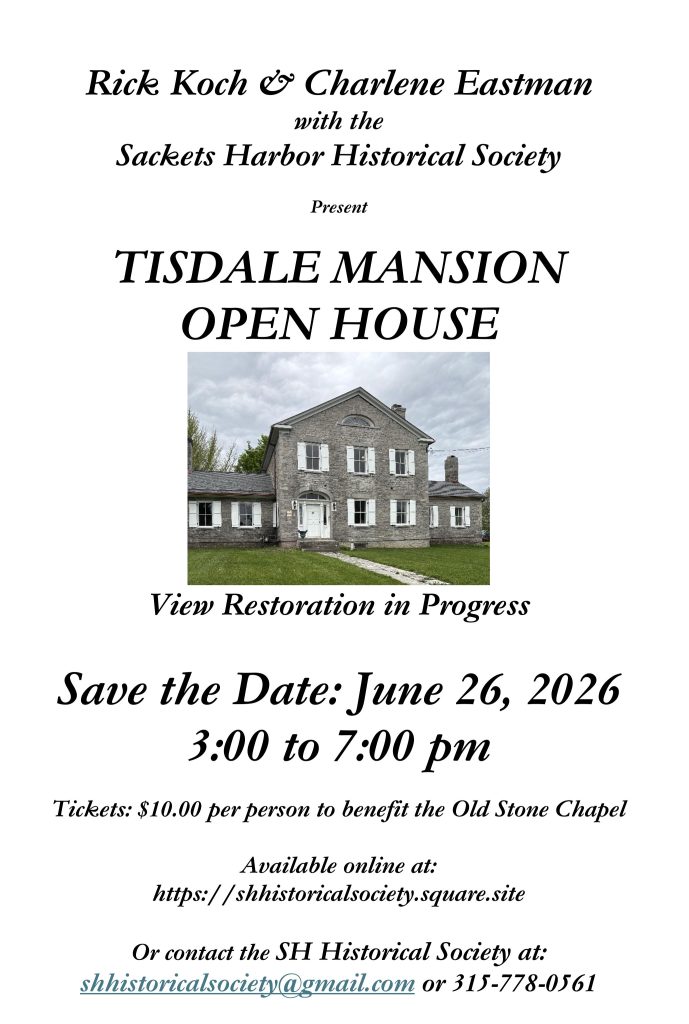 Color flyer for the Tisdale Mansion Open House event in Sackets Harbor on June 26, 2026