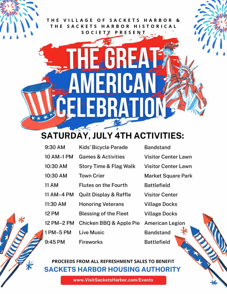 Flyer with the full schedule of events for July 4th in Sackets Harbor