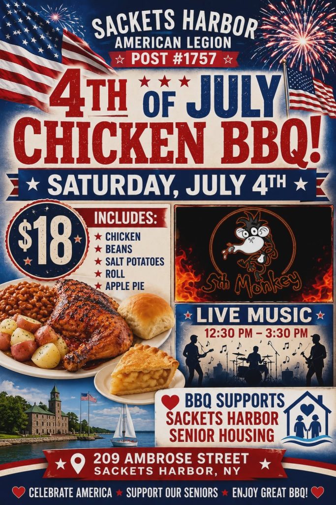 Color flyer for the Fourth of July Chicken BBQ at the Sackets Harbor American Legion on July 4, 2026