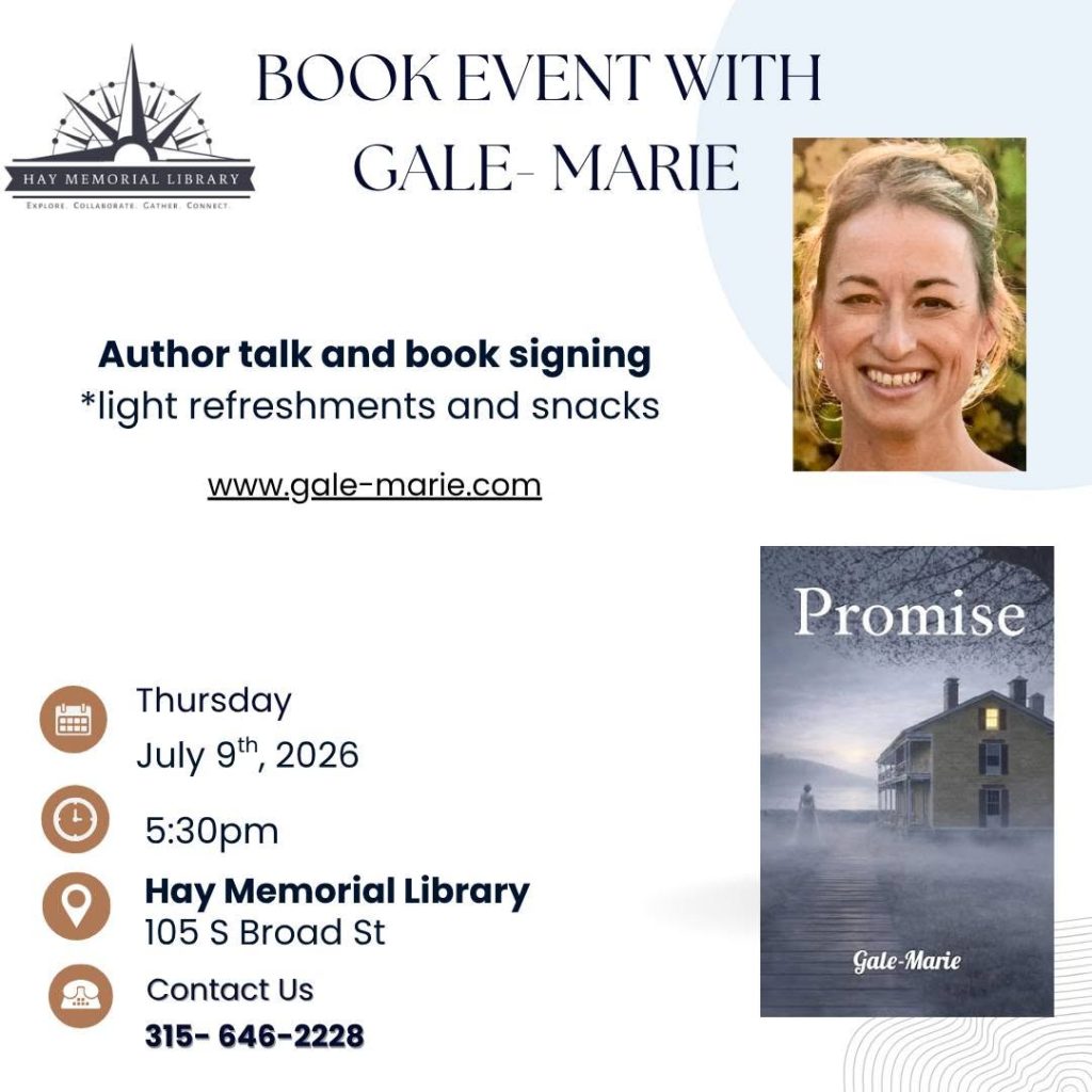 Color flyer from Hay Memorial Library for an Author Talk and Book Signing on July 9, 2026