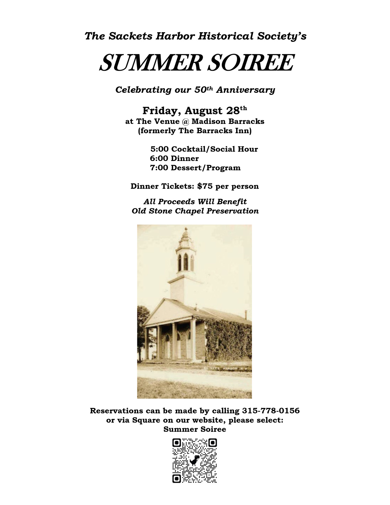 Flyer for the Sackets Harbor Historical Society's Summer Soirée event on Friday, Aug 28, at 5 pm, at The Venue at Madison Barracks