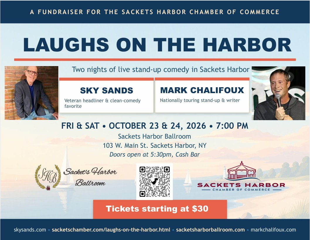Color graphic for Laughs on the Harbor, two nights of comedy shows at the Sackets Harbor Ballroom, on Friday and Saturday, Oct 23 and 24