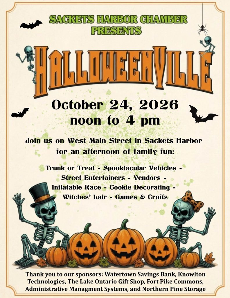 Color flyer for the HalloweenVille festival happening in Sackets Harbor on Saturday, Oct 24, 2026, from noon to 4 pm