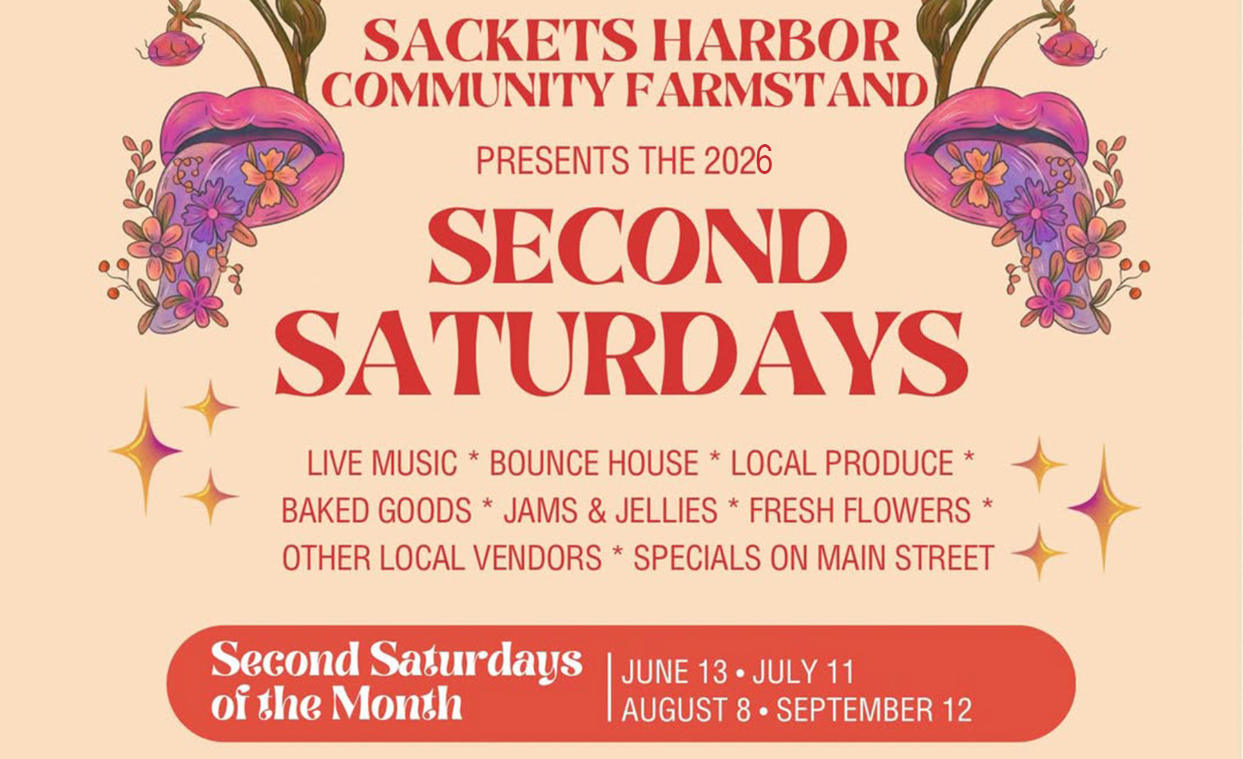 Cropped version of the Second Saturdays flyer for the Sackets Harbor Community Farmstand