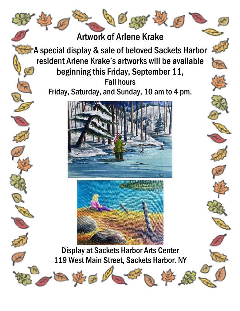Color flyer promoting the Sackets Harbor Arts Center's pop-up show featuring Arlene Krake's artwork, on display throughout September 2026