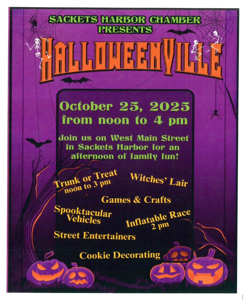 Color flyer for the Sackets Harbor Chamber of Commerce's third annual HalloweenVille event on Saturday, Oct 25, 2025