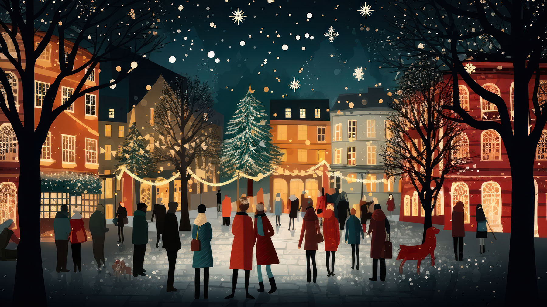 Color illustration of people outdoors in a small village decorated for a Christmas concert (AI-generated image courtesy of RawPixel.com)