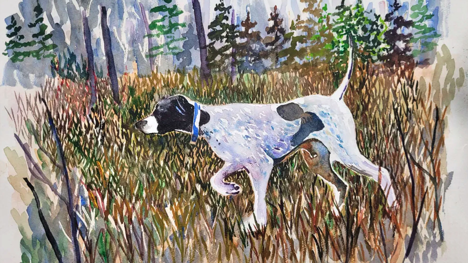 Watercolor image of a white and tan dog exploring a wooded area by Bill Christopherson