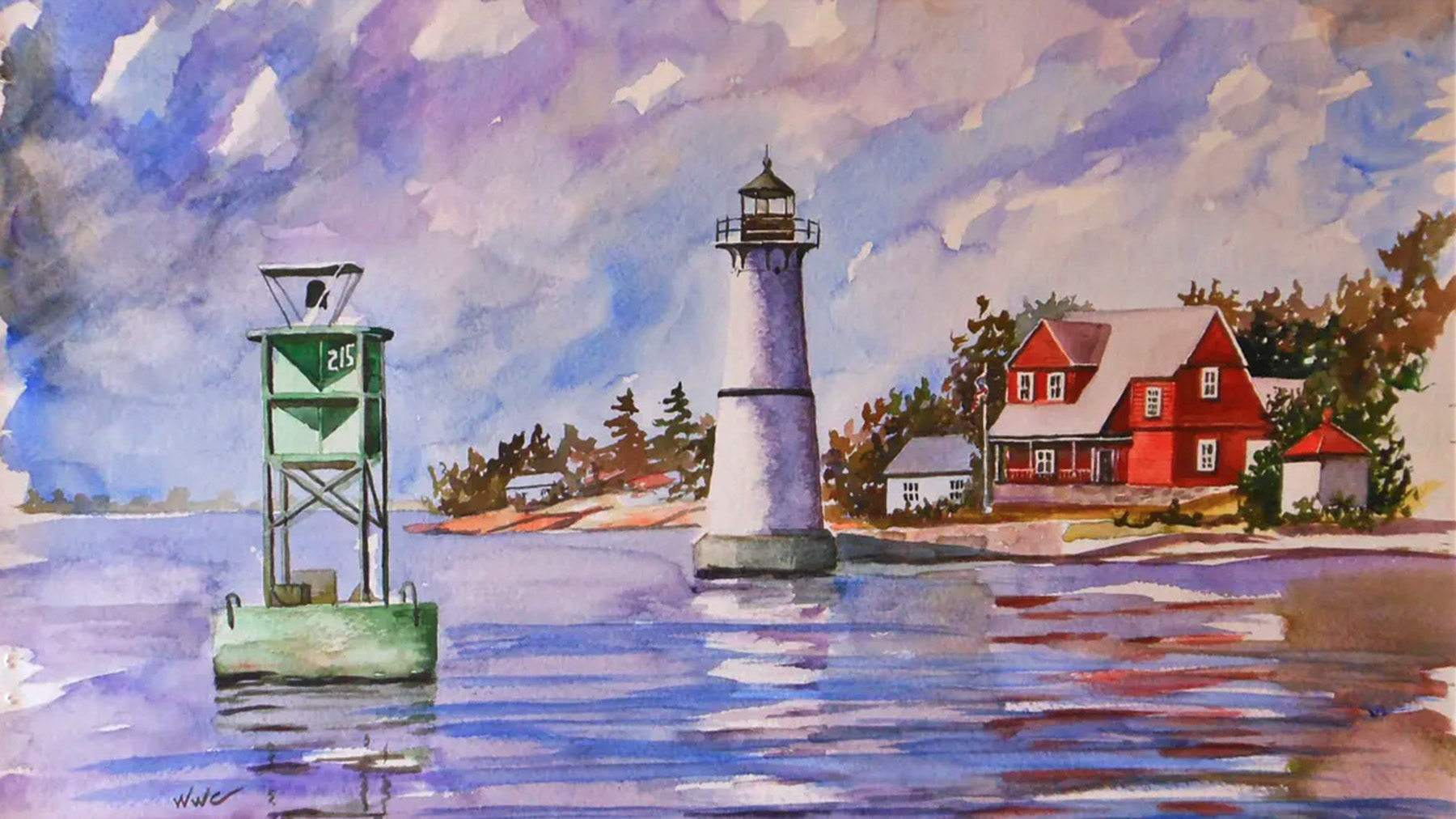 Watercolor image of a lighthouse, buoy, and home along a river by Bill Christopherson