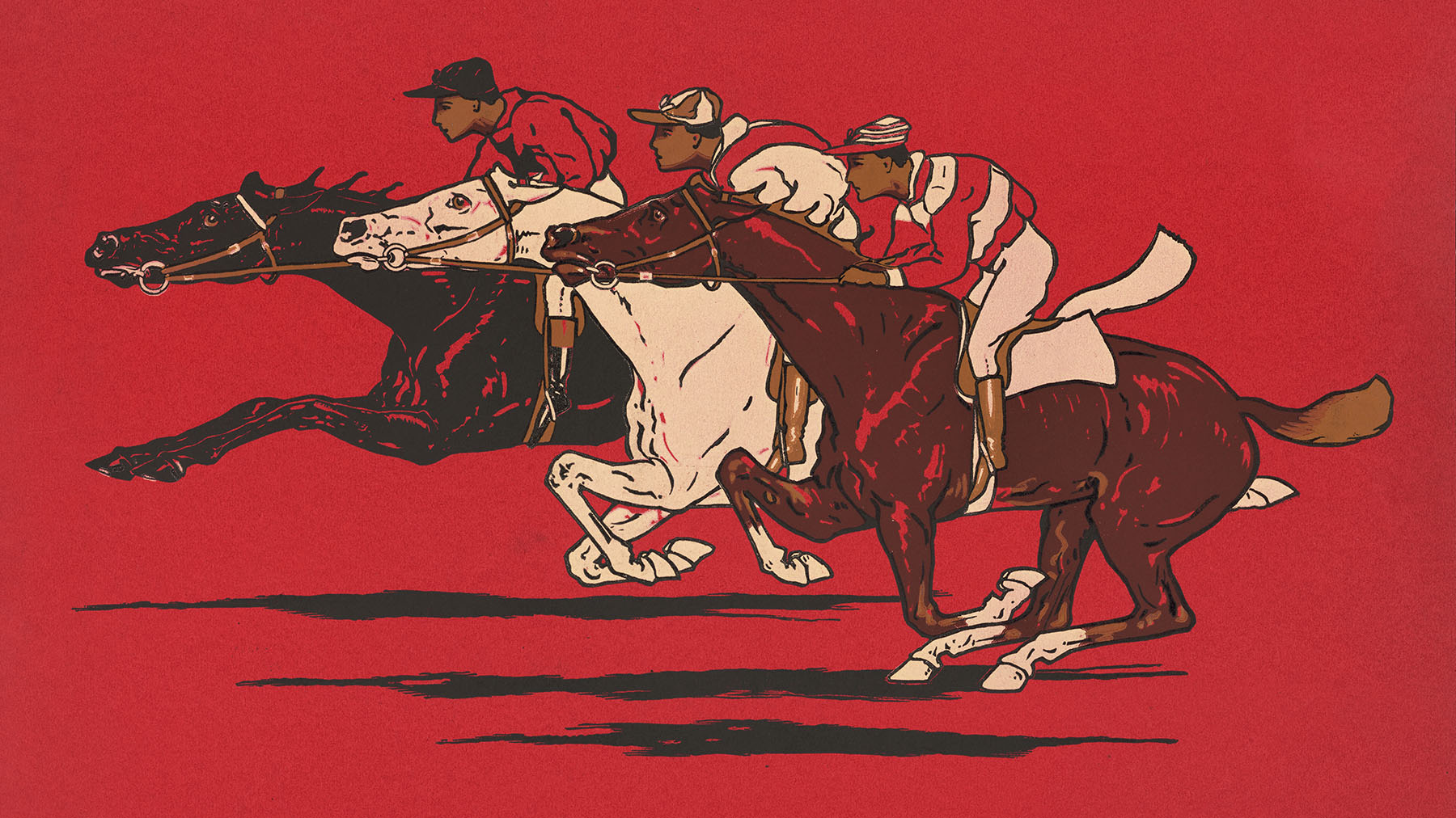 Color illustration of three jockeys riding different colored horses on a red background; illustration titled "The Runners," Public domain image, courtesy of RawPixel.com