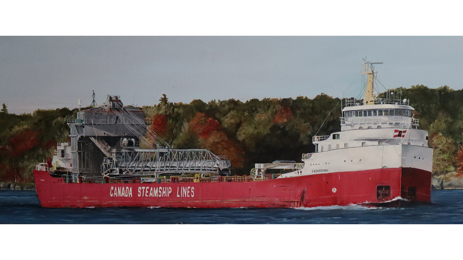 Color, panoramic painting of a large Canadian ship on the St. Lawrence River by Peter Basta